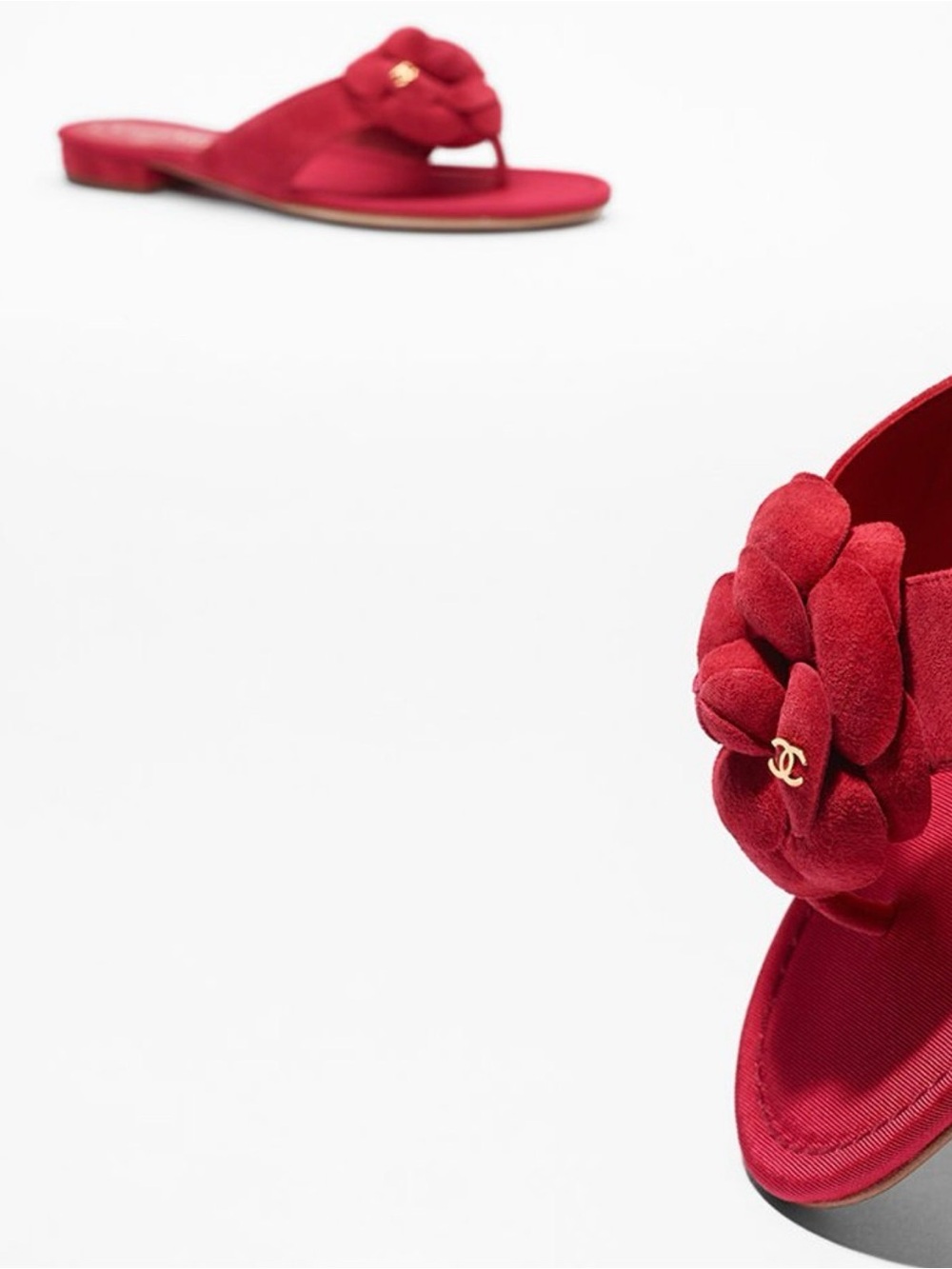 CHANEL Red Suede Camellia Toe-Post Sandals with Gold Logo